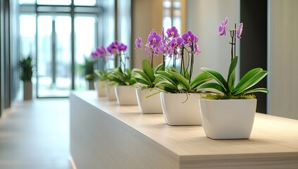 Purple Orchids in White Pots on Modern Reception Desk