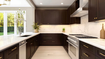 Modern kitchen with dark cabinetry, marble countertops, and stainless steel appliances, featuring natural light and greenery for fresh ambiance