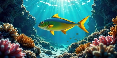 Naklejka premium A Vibrant Yellow-Finned Fish Gracefully Navigates a Thriving Underwater Coral Reef Ecosystem