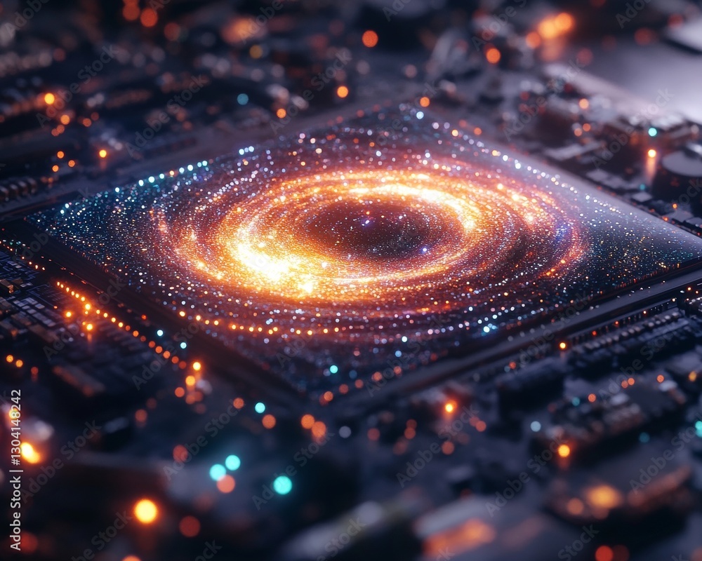 Poster exploring the cosmic connection of technology and space a digital visualization of a galaxy within a