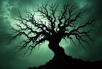 Twisted Ancient Tree Silhouette. The Sky Is Green, The Atmosphere Mysterious, The Colors Contrasting, And The Lighting Dramatic. Vertical Composition. Nature Landscape. Eerie Glow. Perfect For Fantasy