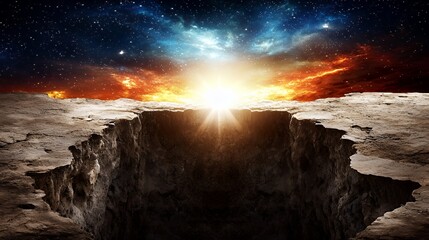 Naklejka premium Alien Planet Landscape: Cosmic Sunrise over a Deep Gorge