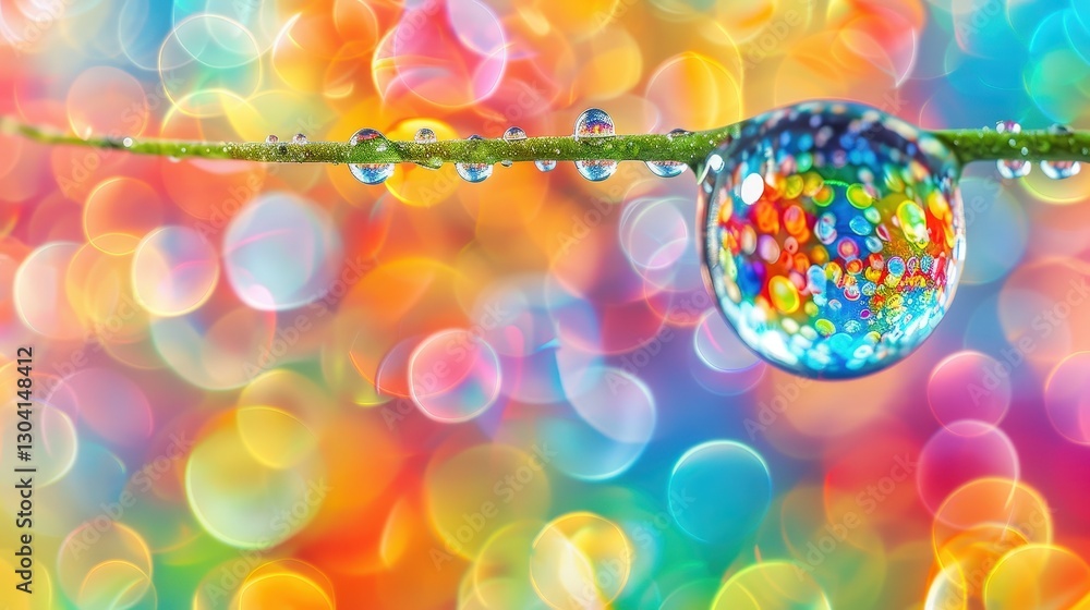 Poster a vibrant close-up of a water droplet on a stem, reflecting colorful bokeh lights in the background,