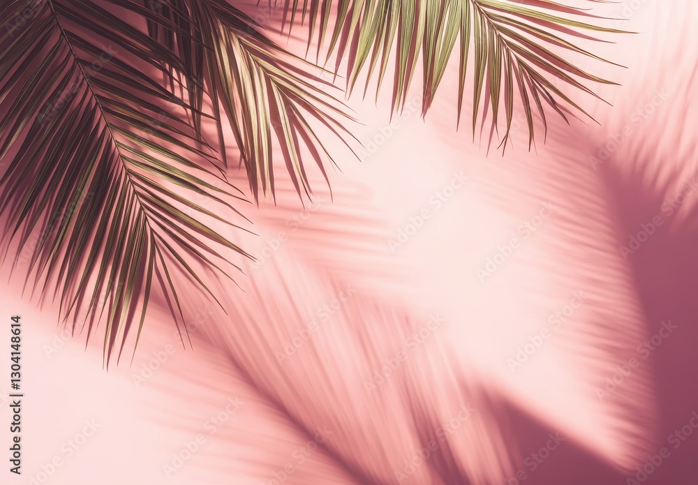Poster tropical palm leaves casting intricate shadows on a soft pink wall, creating a serene and vibrant at