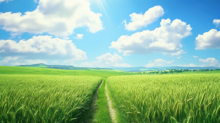 Obraz premium Lush green wheat field under bright blue sky with fluffy clouds