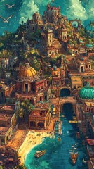 An architectural cityscape constructed on a hillside with detailed buildings