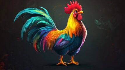Fototapeta premium Colorful rooster portrait, dark background, farm animal, illustration