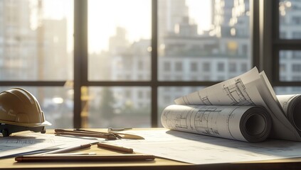 Architectural Blueprints and Tools on a Desk with City View
