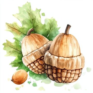 watercolor acorns oak leaves white background clip art preview