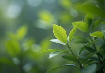 Naklejka premium The image showcases a close-up of a green leaf, with backlit detail and a shallow depth of field, creating a serene natural atmosphere