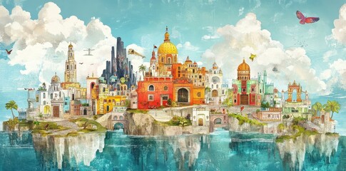 Obraz premium An illustrated city floats over mirrored water under a blue sky