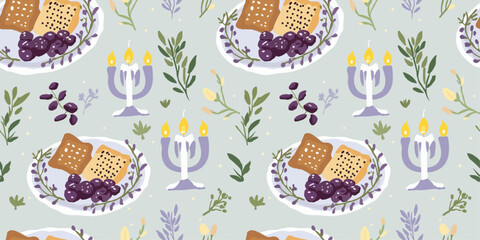 An elegant Seder plate with matzah, bitter herbs, charoset, and a roasted bone, as well as a small candle glowing gently that reflects the warmth and simplicity of Passover Eve.