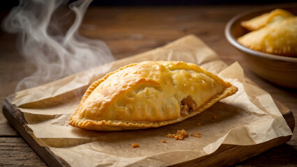 Venezuelan empanada served piping hot with delicate steam rising from crispy crust, highlighting perfectly seasoned chicken bites. Iconic comfort snack that satisfies savory cravings