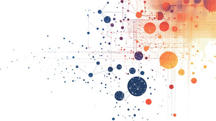 The image is an abstract illustration featuring a network of interconnected dots and lines on a white background.  The dots vary in size and color, primarily shades of orange, red, and