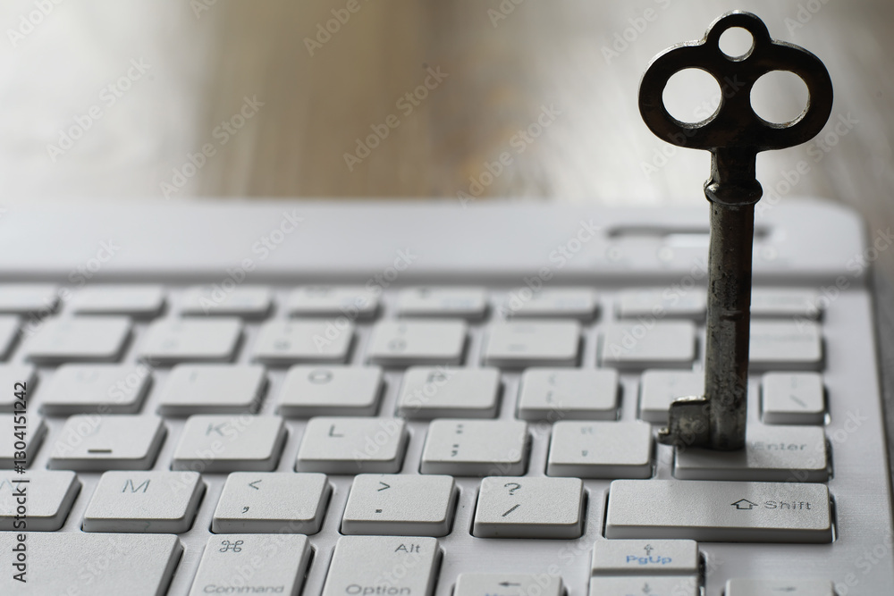 Poster vintage key on computer keyboard symbolizing cybersecurity and digital protection