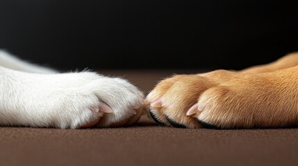 A pair of contrasting dog paws resting gently on a soft brown surface, emphasizing companionship and diversity -