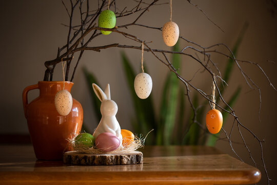 easter table decor. bunny and eggs. copy space