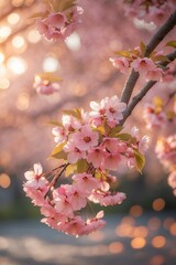 Obraz premium Cherry blossoms bloom in a serene park during springtime, creating a picturesque landscape filled with soft pink hues and warm light