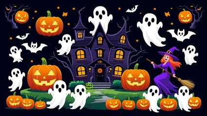 A fun and spooky Halloween vector set featuring jack-o’-lanterns, ghosts, black cats, a haunted house, bats flying, witch on a broomstick, cartoon-style, dark and vibrant color scheme.