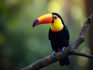 Fototapeta premium Toucan sitting on the branch in the forest. Nature travel in central America. Keel-billed Toucan, Ramphastos. Wildlife