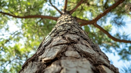 Obraz premium Dynamic low angle view of a tall tree with beautiful green leaves, capturing serenity and majesty