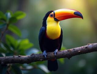Fototapeta premium Toucan sitting on the branch in the forest. Nature travel in central America. Keel-billed Toucan, Ramphastos. Wildlife