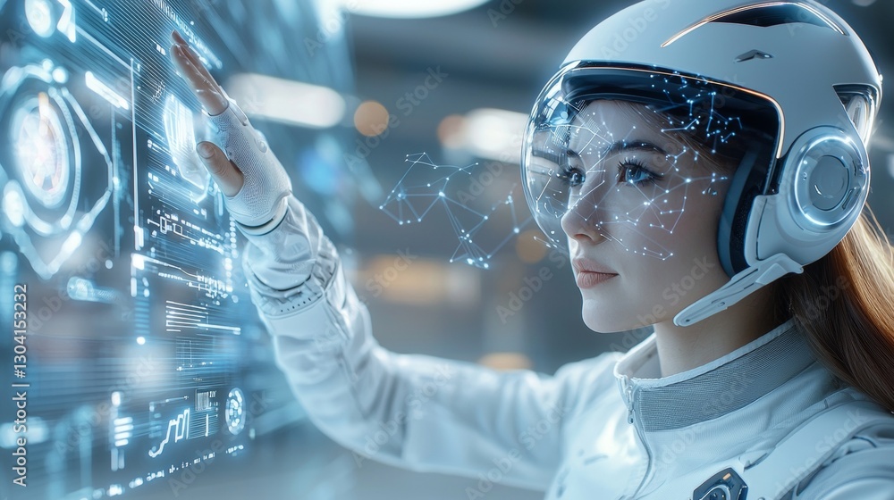 Poster astronaut interacting with futuristic holographic interface space station digital technology high-te