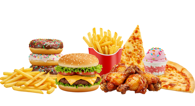 Delicious Unhealthy Food Assortment Brightly Lit. AI Generated