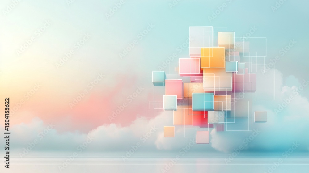 Poster dynamic abstract composition of colorful cubes in a soft cloudy landscape digital art futuristic des
