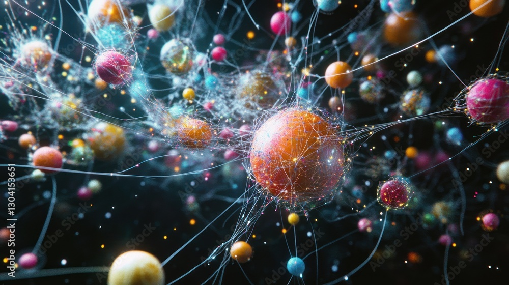 Poster colorful spheres interconnected by thin lines, forming a complex network against a dark background.