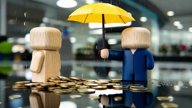 Two wooden figures under a yellow umbrella amidst falling rain and scattered coins indoors