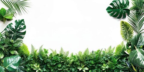 Lush green tropical foliage background. Botanical leaves and jungle plants create vibrant greenery. Natural and exotic pattern design for organic outdoor environments.
