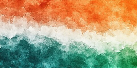Vibrant Watercolor Indian Tricolor Abstract. A colorful watercolor depiction of the Indian tricolor with orange, white, and green. This artistic background reflects national pride and independence,
