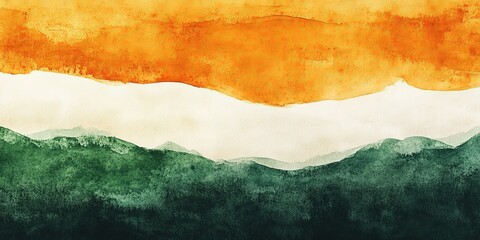 Watercolor abstract tricolor background art. Vibrant art with an Indian flag texture featuring rich orange, green, and white colors. Patriotic and national theme, cultural significance, perfect for