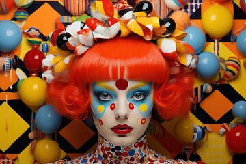 Pop art fashion portrait of young woman posing on color crazy background, simple multicolored geometric pattern.