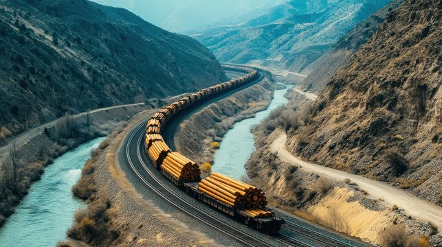 Scenic Landscape with Train Transporting Logs Along Riverbank