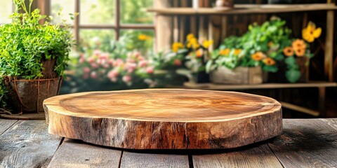 Naklejka premium Wooden rustic board with floral background. Rustic wooden surface in nature. Vibrant wooden decor in garden setting. Ideal for natural and homely decor with a vibrant aesthetic.