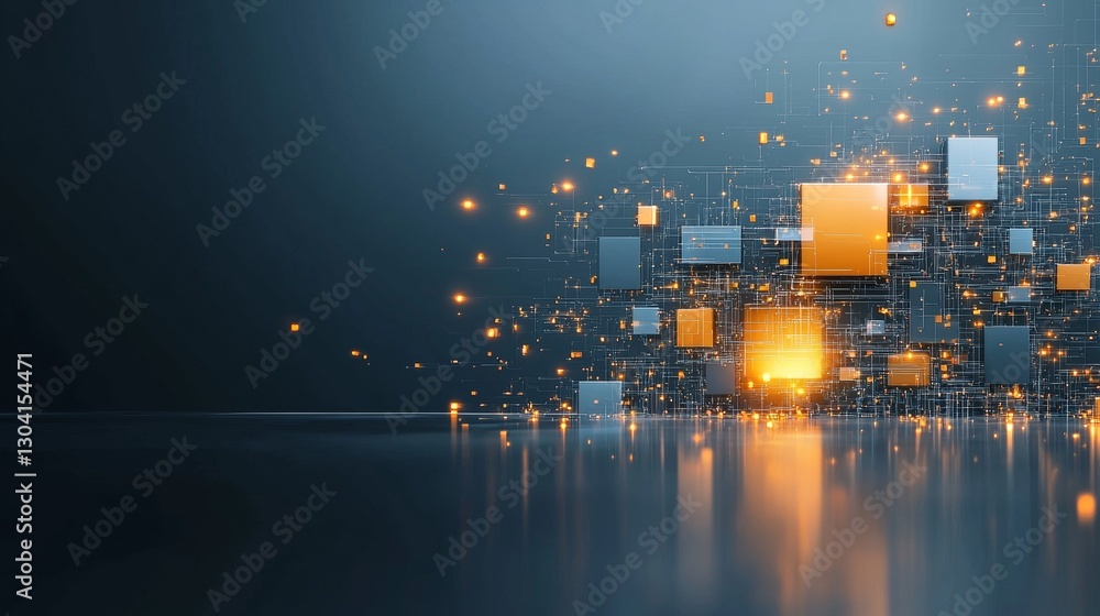 Poster dynamic digital transformation event showcasing abstract data visualizations in a futuristic environ
