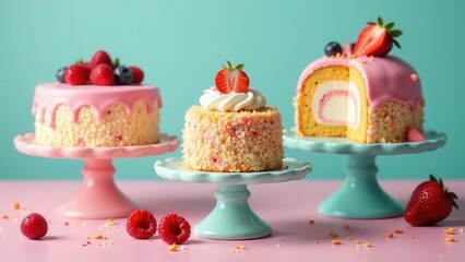 Delightful miniature cakes adorned with fresh berries and a delicate creamy topping, presented on elegant pastel cake stands