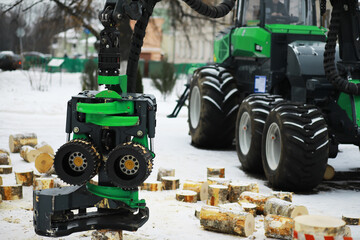 Forestry Machine Cutting Wood in Winter Forest with Snow-Covered Ground and Logs