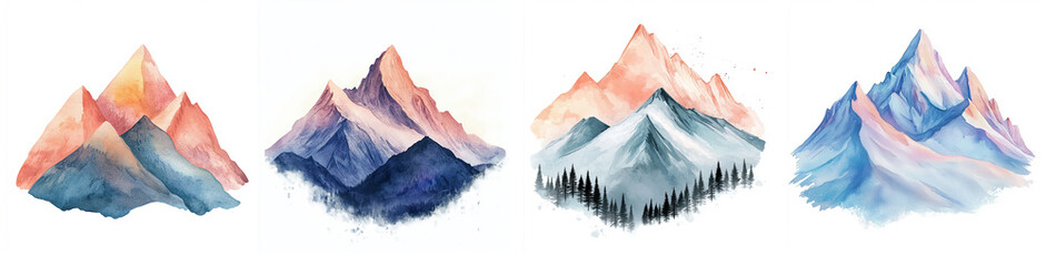 Collection of Mountain Design Watercolor Isolated on White Background