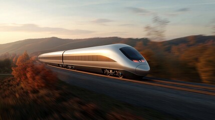 Obraz premium High-Speed Modern Bullet Train on Scenic Tracks Autumn Landscape Digital Artwork Outdoor View Travel Concept