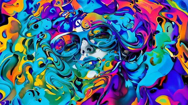 Colorful escape: retro hippie style with psychedelic hues in kaleidoscopic visuals, abstract video flow of groovy patterns, vibrant energy reminiscent of vintage aesthetics.