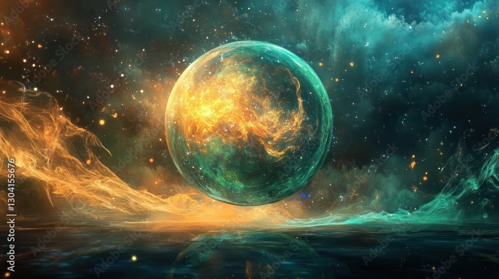 Wall mural celestial orb: a cosmic fantasy landscape featuring a vibrant, ethereal planet floating above a refl