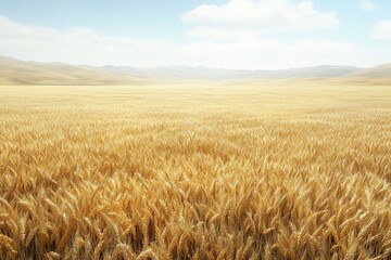 Naklejka premium Golden wheat field under blue sky with clouds in rural landscape