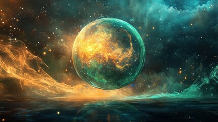Celestial Orb: A cosmic fantasy landscape featuring a vibrant, ethereal planet floating above a reflective surface, enveloped by swirling nebulae and stars.