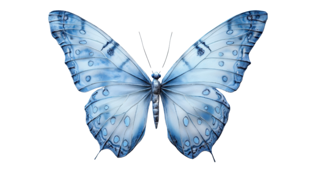 Blue butterfly with black and yellow wings isolated on a white background