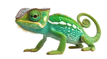 Fototapeta premium Colorful chameleon on white background, showcasing its vibrant scales and unique eyes