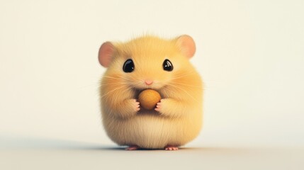 Fototapeta premium A small golden hamster holding a sunflower seed in its tiny paws, with soft fur and round cheeks, on a plain white background.