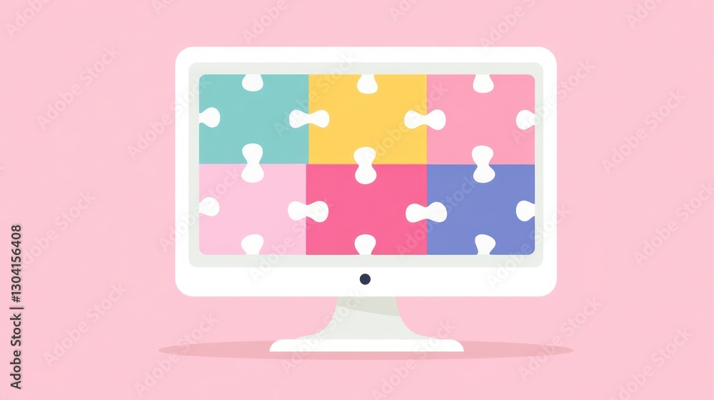 Poster Computer screen displaying colorful puzzle pieces, symbolizing teamwork, problem-solving, and collaboration.